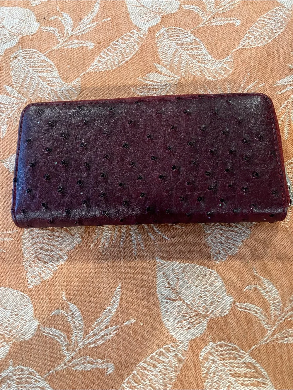 Burgundy leather Ostrich-Textured Zip Wallet